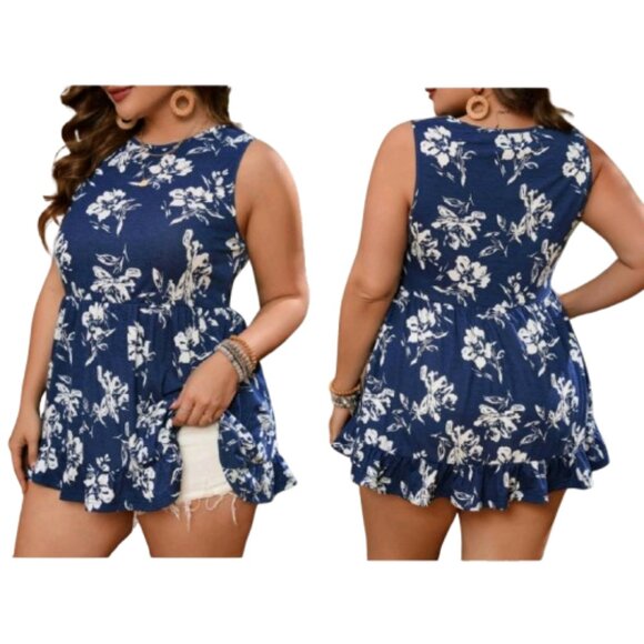 Emery Rose Plus Sleeveless Peplum Blouse Ruffle Trim Blue White Floral Print - Picture 1 of 10